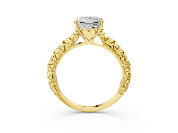 Yellow gold Princess Solitaire Floral Milgrain Engagement Ring