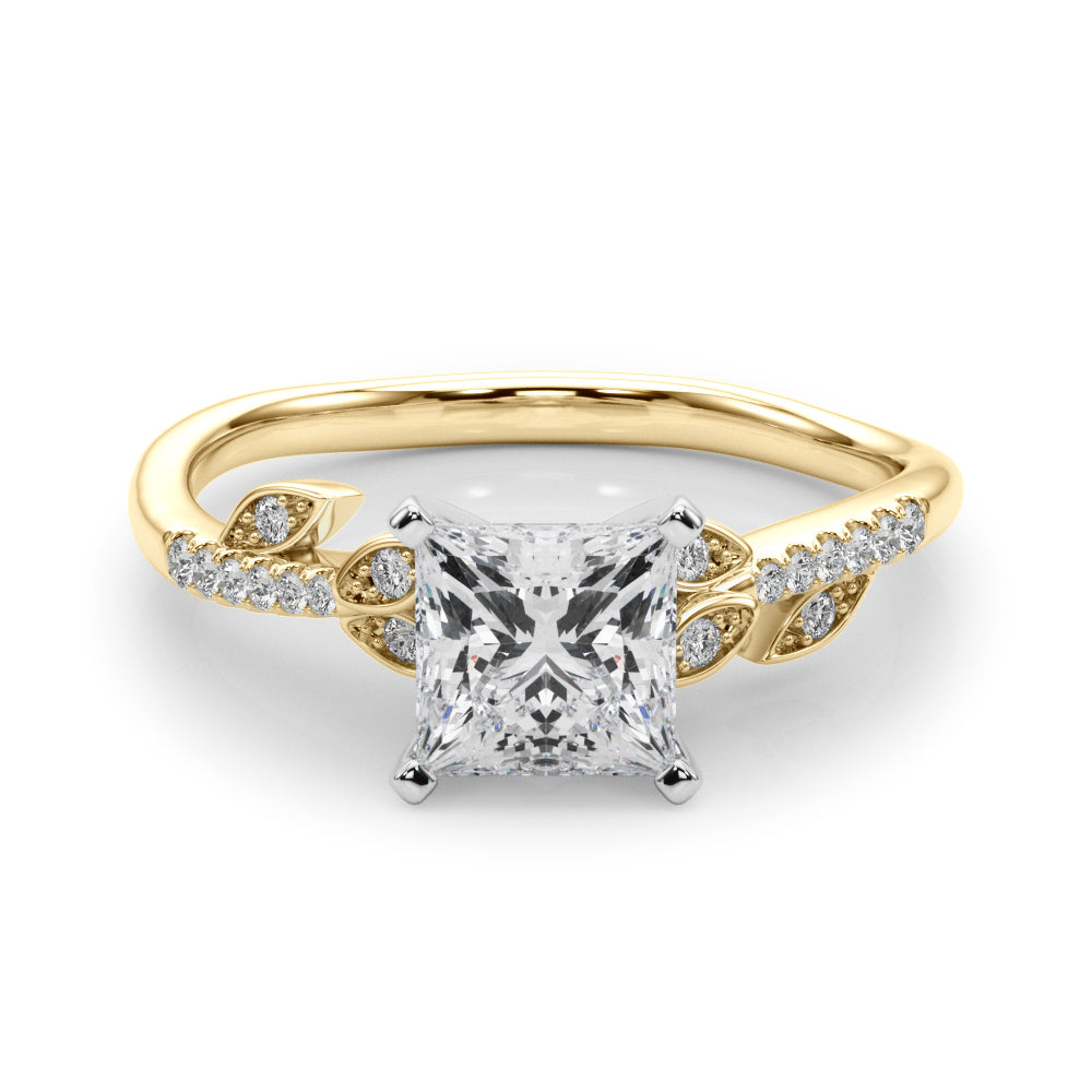 Yellow gold Princess Solitaire Leaf-Inspired Diamond Ring with Pavé Band and Four-Prong Setting 1