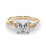 Yellow gold Princess Solitaire Leaf-Inspired Diamond Ring with Pavé Band and Four-Prong Setting 1