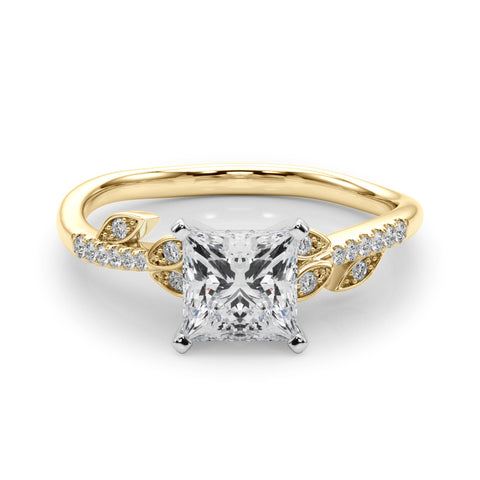 Yellow gold Princess Solitaire Leaf-Inspired Diamond Ring with Pavé Band and Four-Prong Setting 1