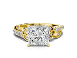 Yellow gold Princess Solitaire Leaf-Inspired Diamond Ring with Pavé Band and Four-Prong Setting_4