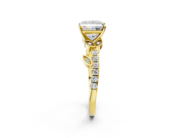 Yellow Gold Princess Cut Leaf Solitaire Engagement Ring Setting with Pave Band