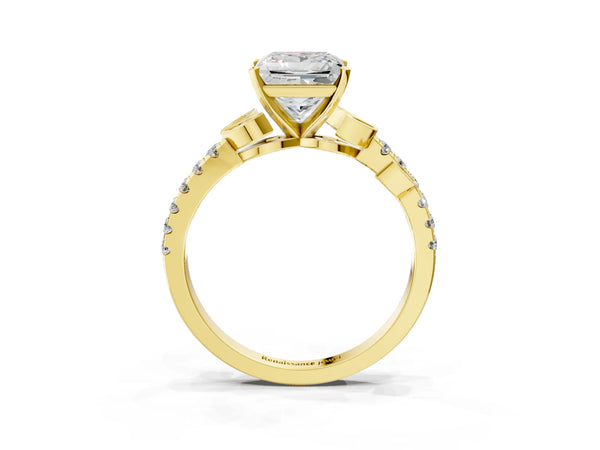 Yellow Gold Princess Cut Leaf Solitaire Engagement Ring Setting with Pave Band