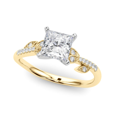 Yellow gold Princess Solitaire Leaf-Inspired Diamond Ring with Pavé Band and Four-Prong Setting