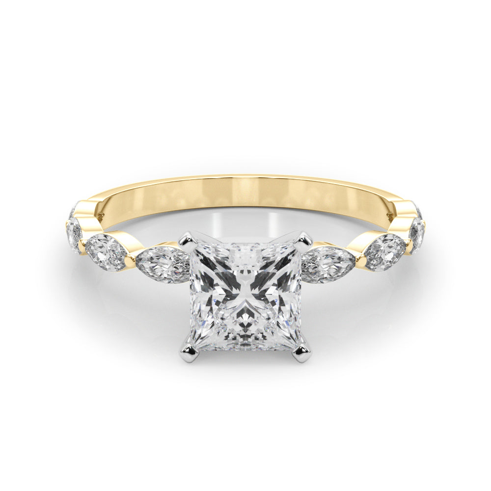 Yellow gold Princess Solitaire Marquise Side Stone Prong Setting Ring 1