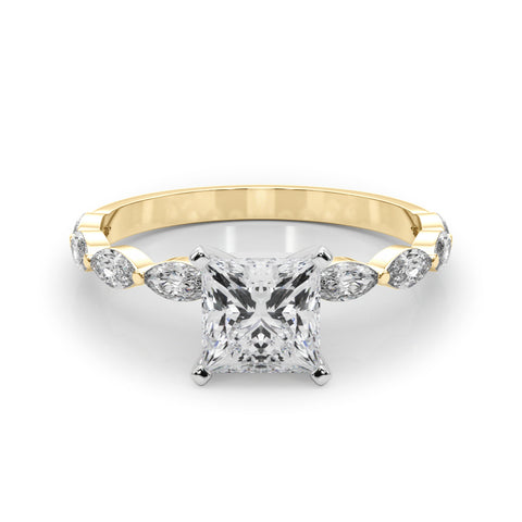 Yellow gold Princess Solitaire Marquise Side Stone Prong Setting Ring 1