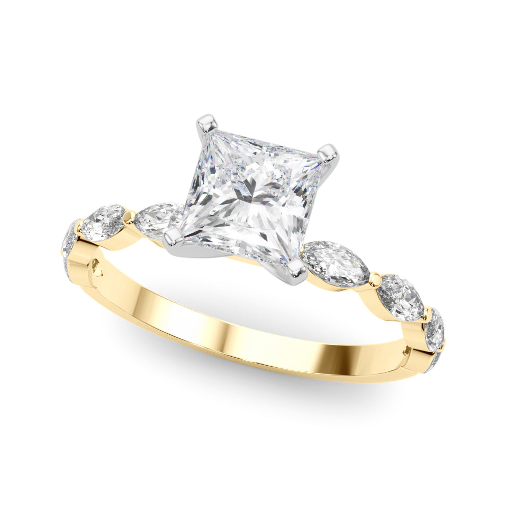 Yellow gold Princess Solitaire Marquise Side Stone Prong Setting Ring