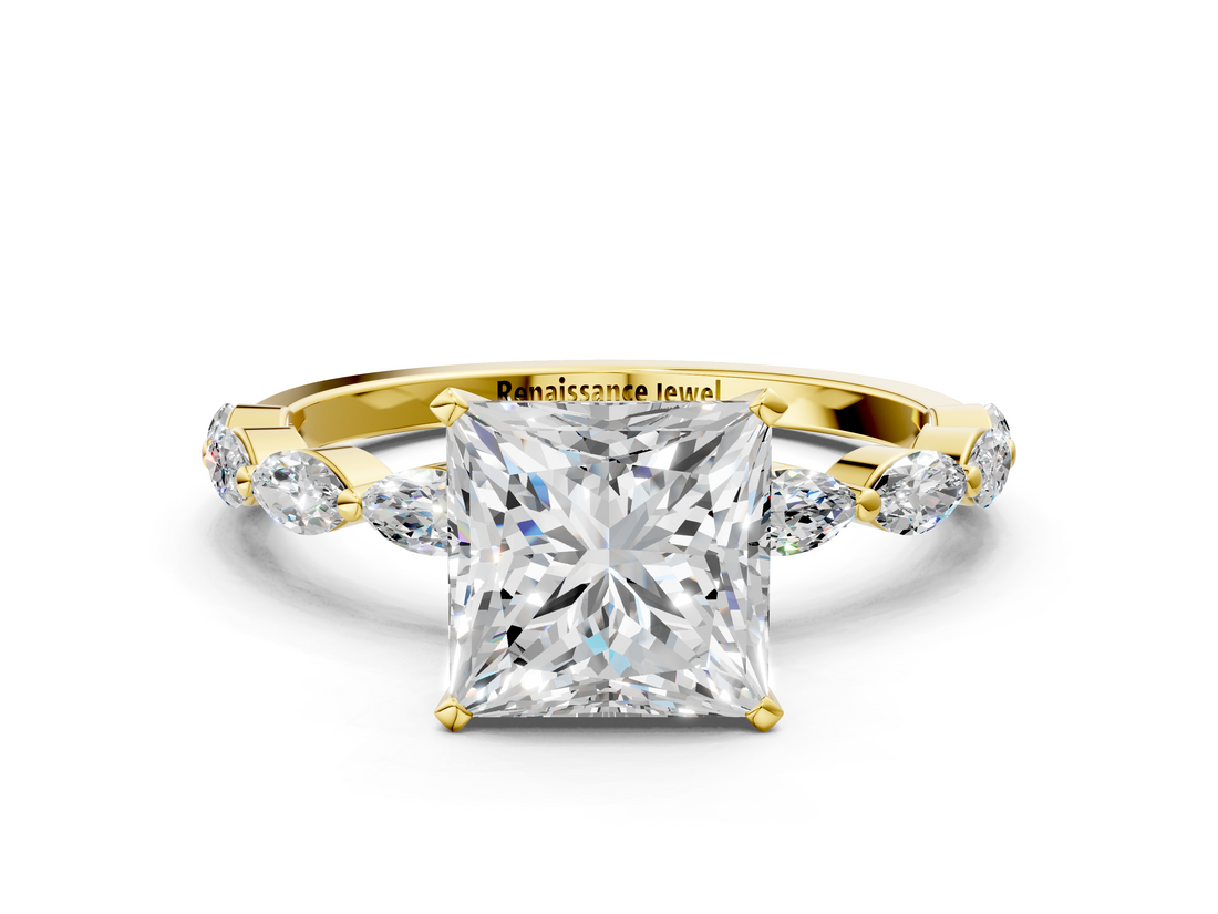 Yellow gold Princess Solitaire Marquise Side Stone Prong Setting Ring_56