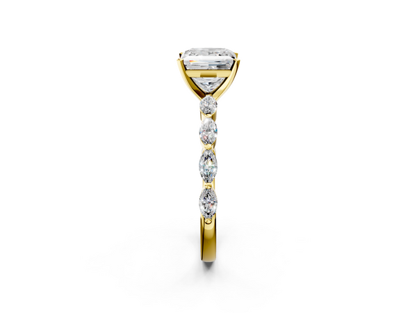 Yellow gold Princess Cut Diamond Ring with Marquise Side Stones and Prong Setting