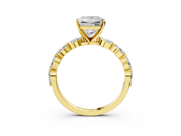 Yellow gold Princess Cut Diamond Ring with Marquise Side Stones and Prong Setting