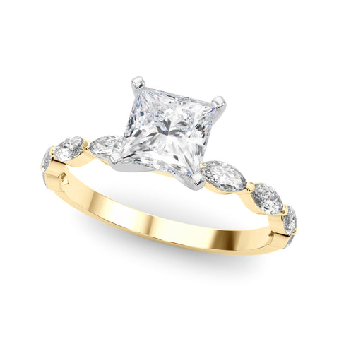 Yellow gold Princess Solitaire Marquise Side Stone Prong Setting Ring