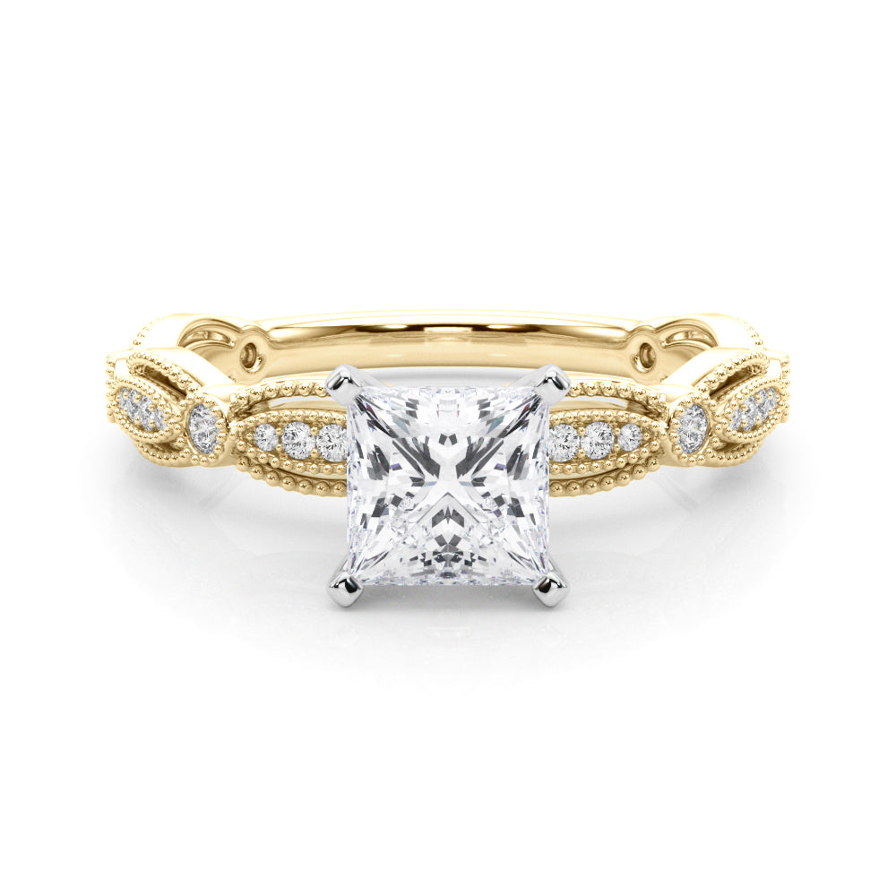 Yellow gold Princess Solitaire Milgrain Diamond Engagement Ring with Bezel and Marquise Band 1