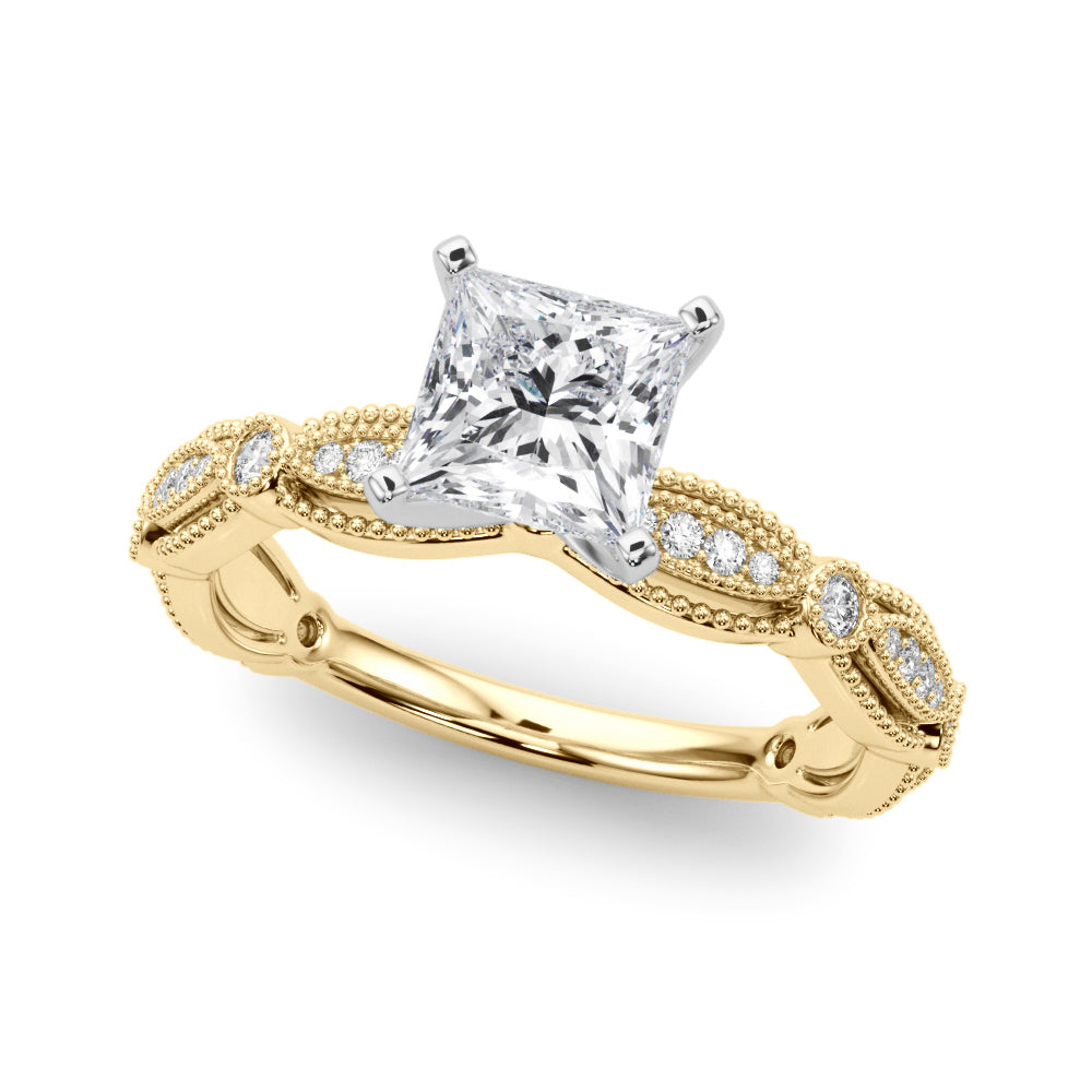 Yellow gold Princess Solitaire Milgrain Diamond Engagement Ring with Bezel and Marquise Band