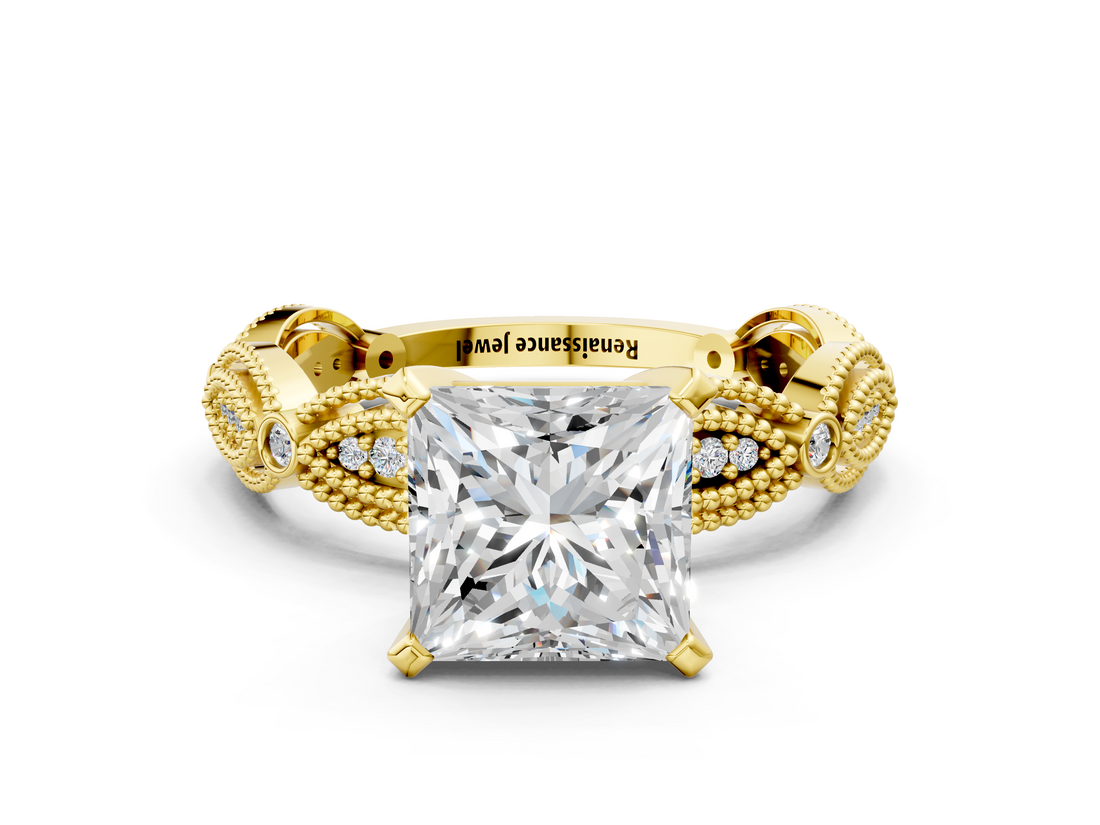 Yellow gold Princess Solitaire Milgrain Diamond Engagement Ring with Bezel and Marquise Band_153