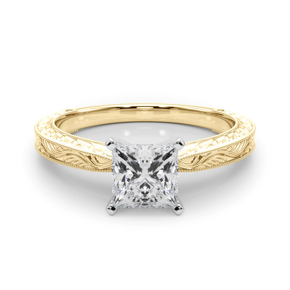 Yellow gold Princess Solitaire Milgrain Engraved Band with Four-Prong Setting 1