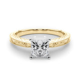 Yellow gold Princess Solitaire Milgrain Engraved Band with Four-Prong Setting 1