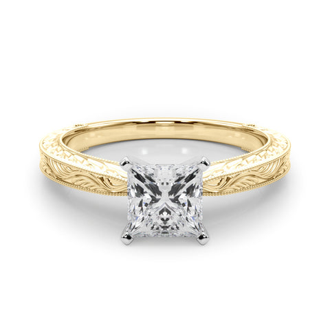 Yellow gold Princess Solitaire Milgrain Engraved Band with Four-Prong Setting 1