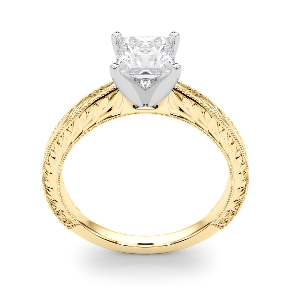 Yellow gold Princess Solitaire Milgrain Engraved Band with Four-Prong Setting 2