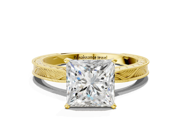 Yellow Gold Princess Cut Vintage Solitaire Engagement Ring Setting with Milgrain Engraved Band