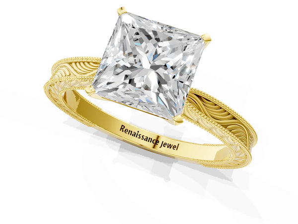 Yellow Gold Princess Cut Vintage Solitaire Engagement Ring Setting with Milgrain Engraved Band