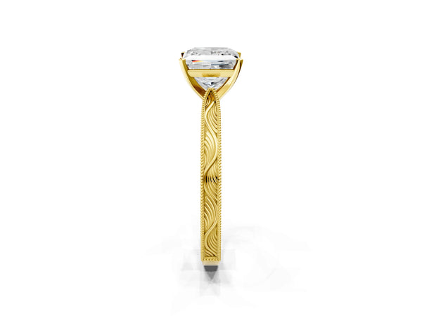Yellow Gold Princess Cut Vintage Solitaire Engagement Ring Setting with Milgrain Engraved Band