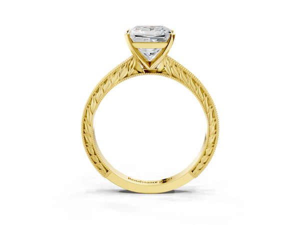 Yellow Gold Princess Cut Vintage Solitaire Engagement Ring Setting with Milgrain Engraved Band