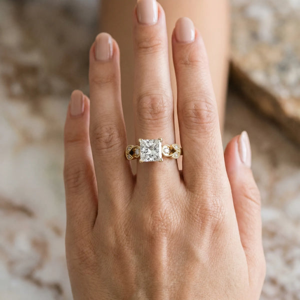 Yellow gold Princess Solitaire Milgrain Leaf Band with Prong Setting