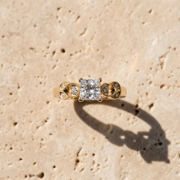 Yellow gold Princess Solitaire Milgrain Leaf Band with Prong Setting