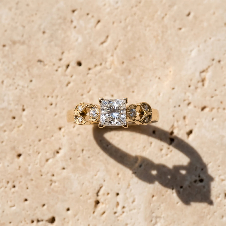 Yellow gold Princess Solitaire Milgrain Leaf Band with Prong Setting