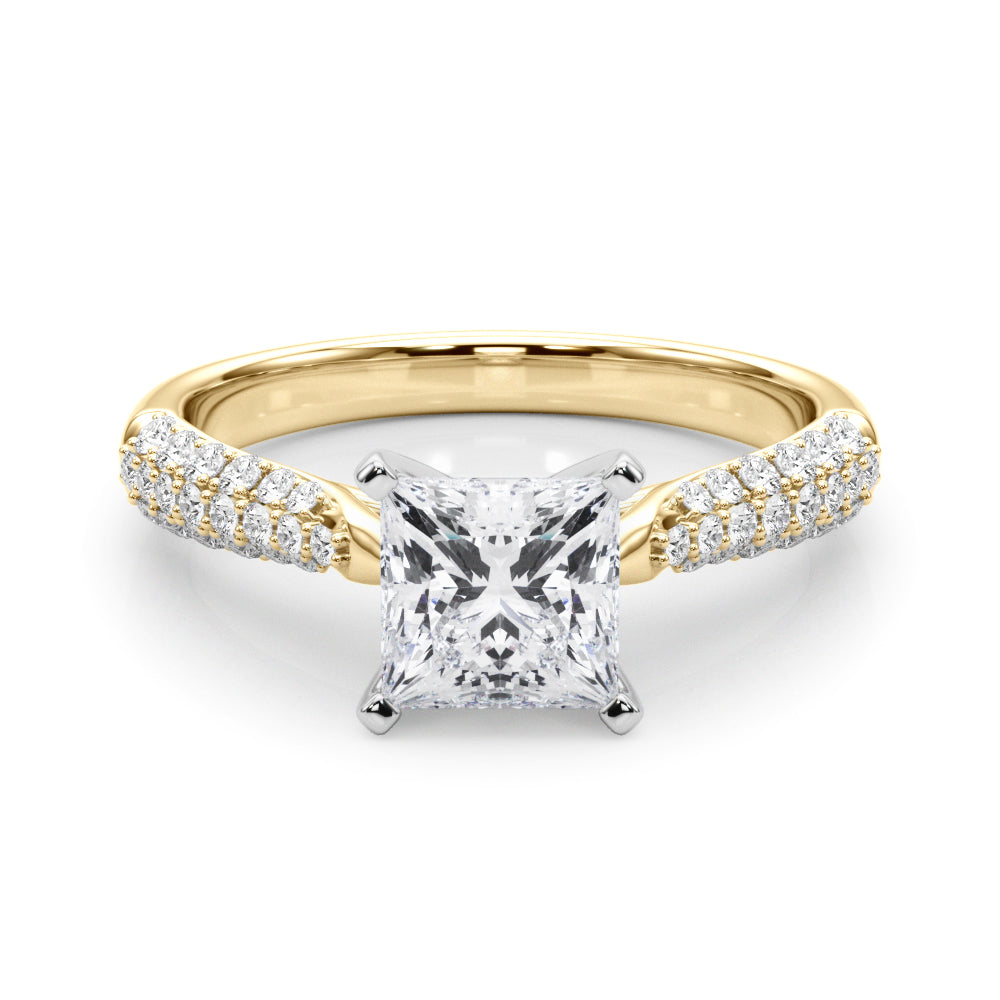 Yellow gold Princess Solitaire Pavé Diamond Engagement Ring with Four-Prong Setting 1