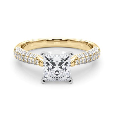 Yellow gold Princess Solitaire Pavé Diamond Engagement Ring with Four-Prong Setting 1