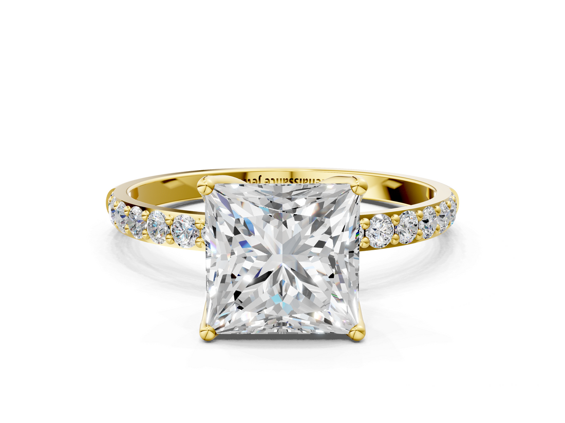 Yellow gold Princess Solitaire Pavé Diamond Engagement Ring with Four-Prong Setting_45