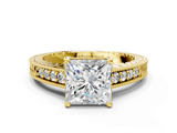 Yellow gold Princess Solitaire Pavé Diamond Milgrain Engagement Ring with Four-Prong Setting_6