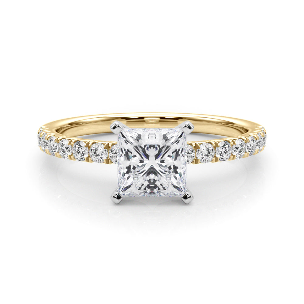 Yellow gold Princess Solitaire Pave Diamond Engagement Ring with Four-Prong Setting 1