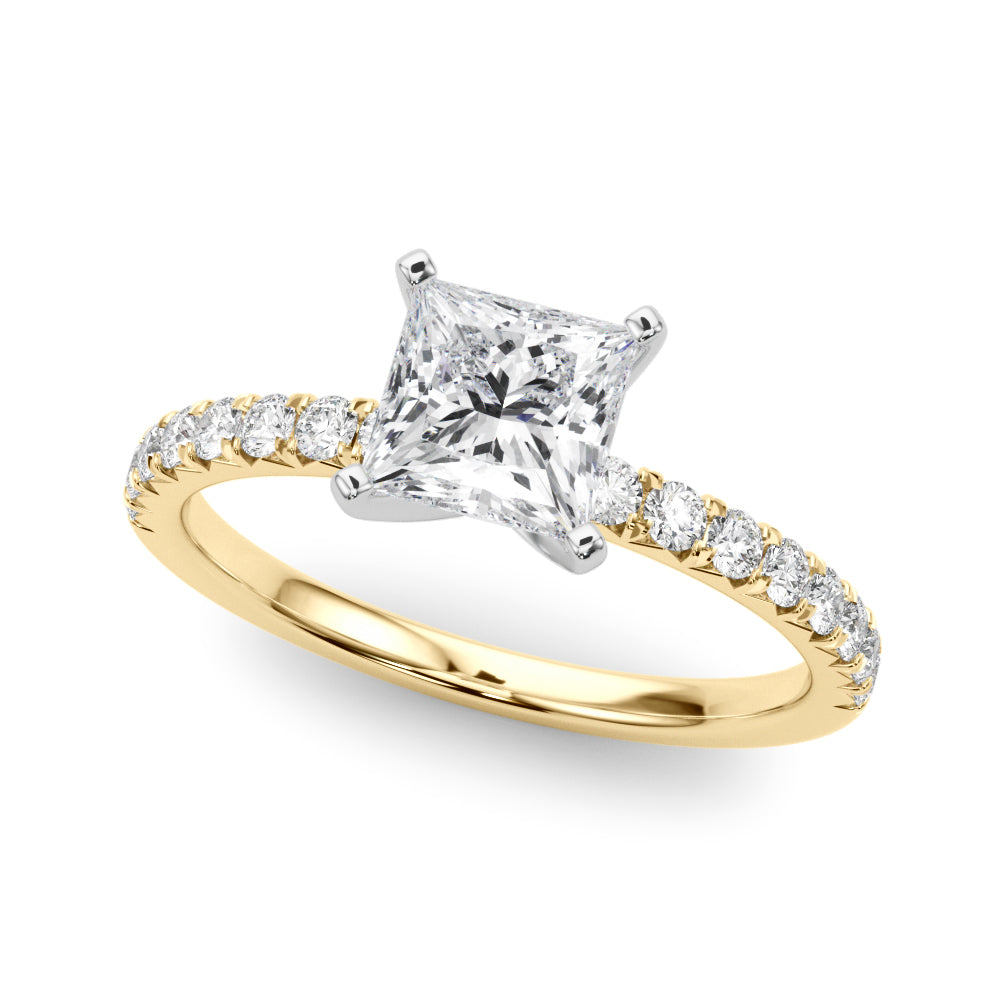 Yellow gold Princess Solitaire Pave Diamond Engagement Ring with Four-Prong Setting
