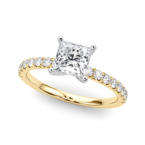 Yellow gold Princess Solitaire Pave Diamond Engagement Ring with Four-Prong Setting