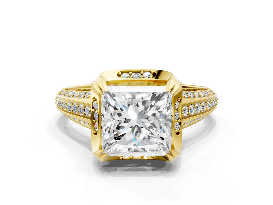 Yellow gold Princess Solitaire Pave Split Shank Ring with Four-Prong Setting_87