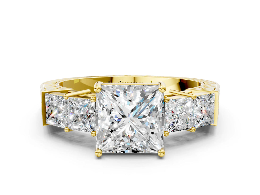 Yellow gold Princess Solitaire Princess Side Stone Engraved Band Prong Setting Ring_3