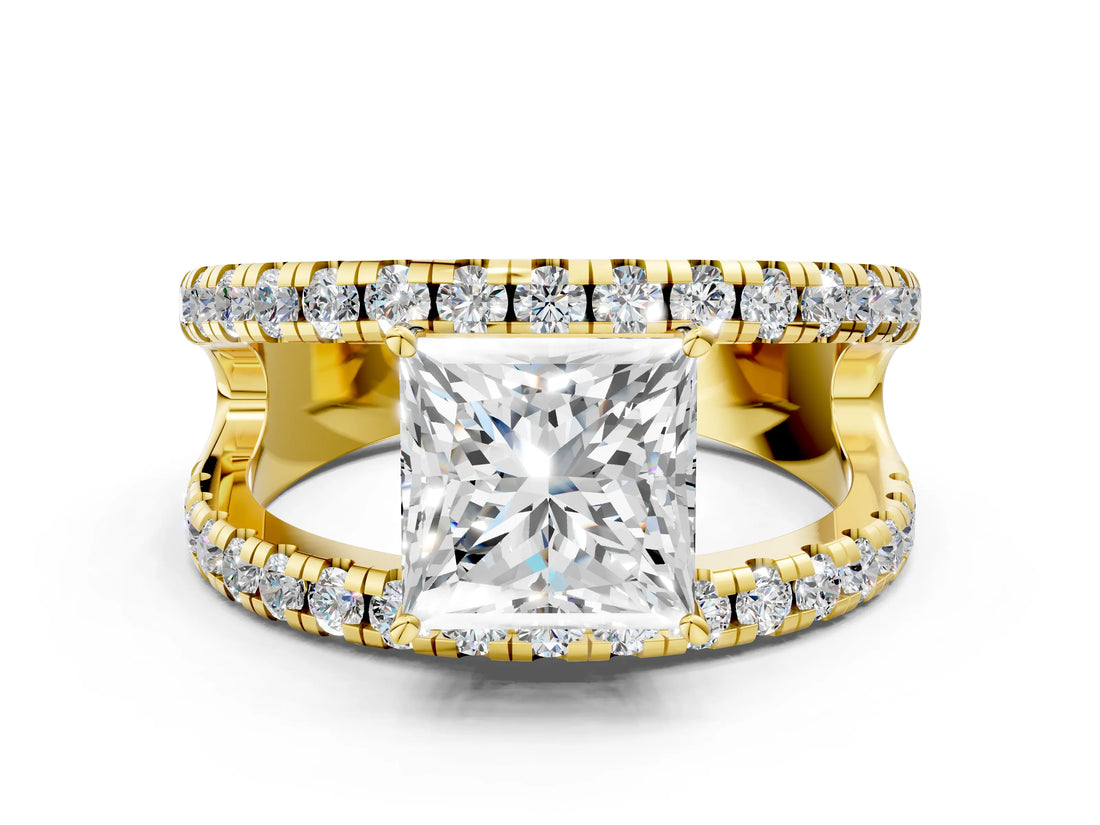 Yellow gold Princess Solitaire Split Shank Pave Diamond Ring_49