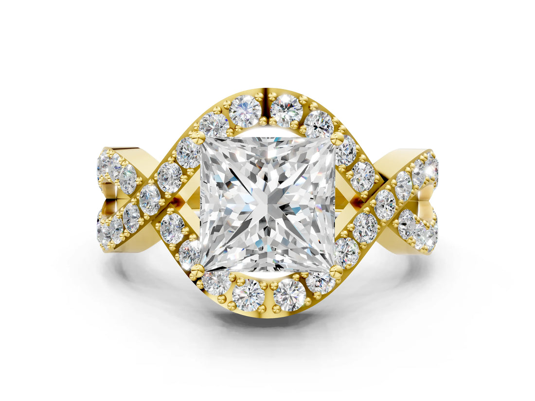 Yellow gold Princess Solitaire Twist Band Pavé Diamond Engagement Ring_33