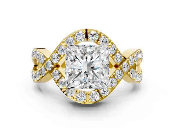 Yellow Gold Princess Cut Infinity Twist Engagement Ring Setting with Pave Ribbons