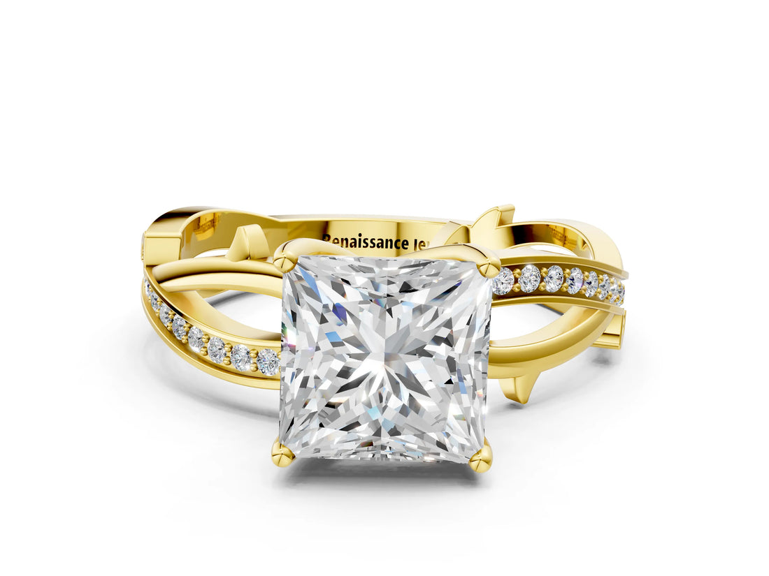 Yellow gold Princess Solitaire Twist Band with Pavé Accents and Four-Prong Setting_23