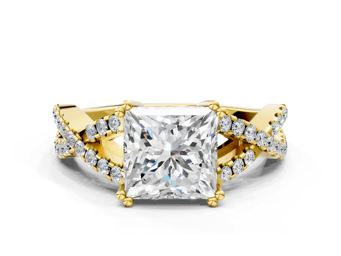 Yellow gold Princess Solitaire Twist Band with Pavé Setting and Four-Prong Setting_24