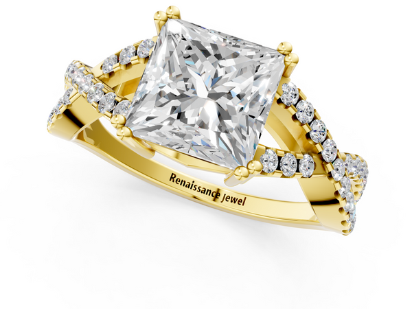 Yellow gold Princess Cut Diamond Solitaire Ring with Four-Prong Setting and Twisted Pavé Band