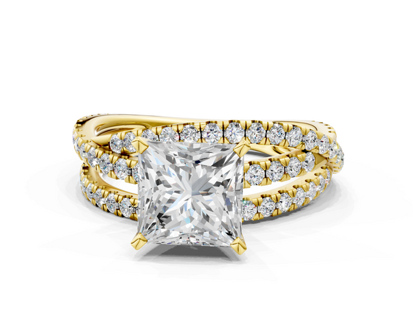 Yellow gold Princess Solitaire Twist Band with Pavé Setting and Four-Prong Setting