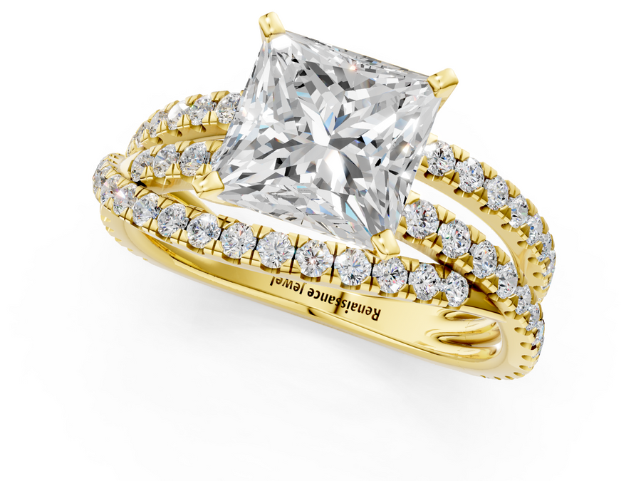 Yellow gold Princess Solitaire Twist Band with Pavé Setting and Four-Prong Setting
