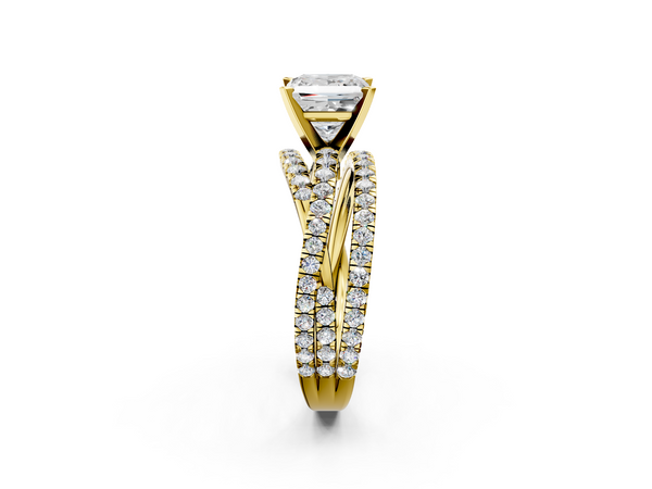 Yellow gold Princess Solitaire Twist Band with Pavé Setting and Four-Prong Setting