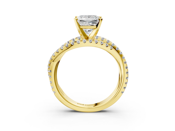 Yellow gold Princess Solitaire Twist Band with Pavé Setting and Four-Prong Setting