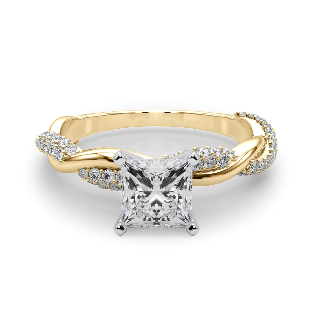 Yellow gold Princess Solitaire Twist Band with Pave Prong Setting 1