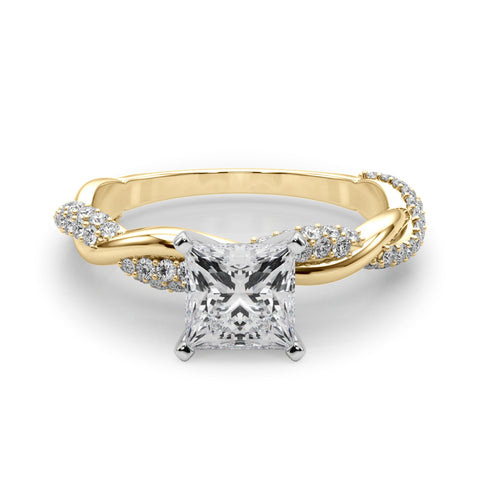Yellow gold Princess Solitaire Twist Band with Pave Prong Setting 1